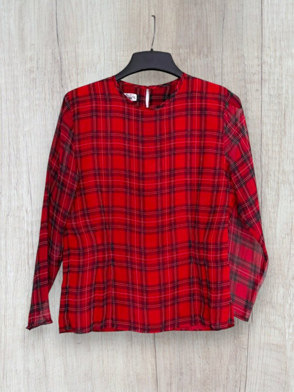 Vintage Eva Laurel Red Tartan Plaid Sheer Blouse Holiday Made in USA Size 10